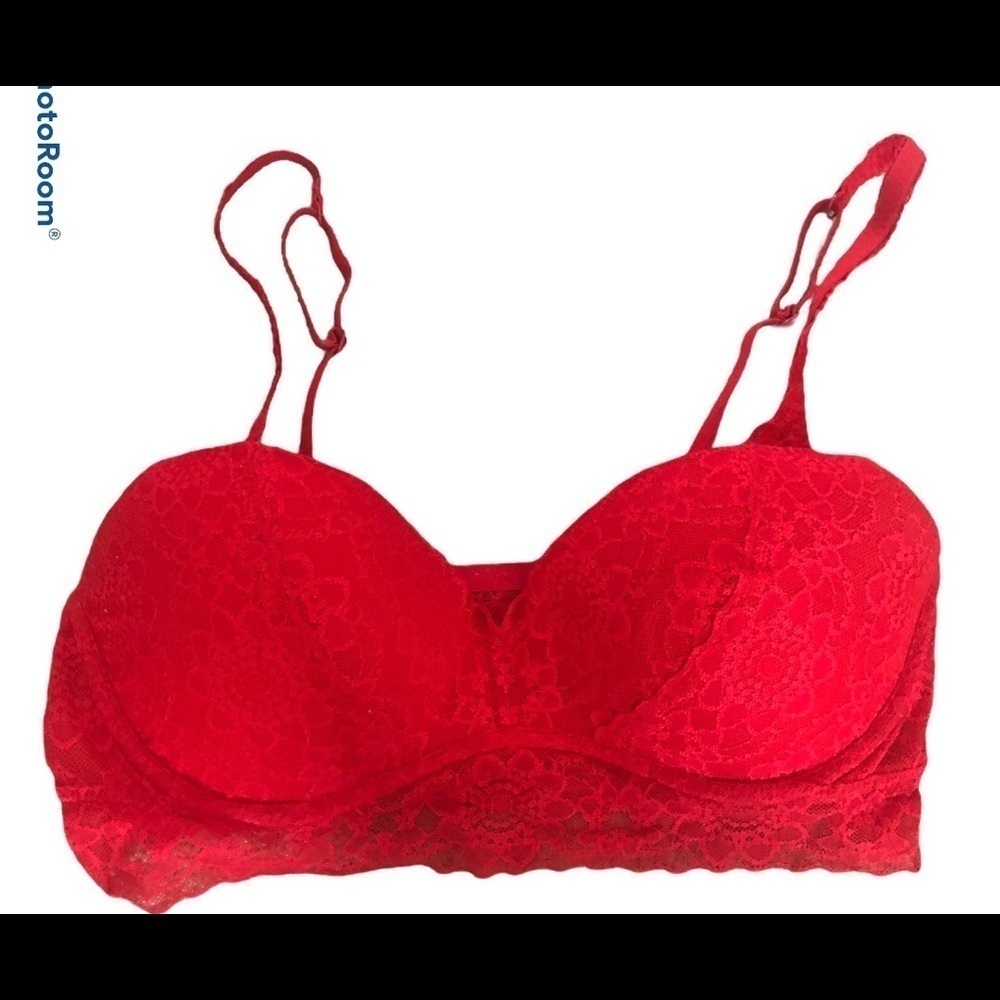 PINK Victoria’s Secret  Lipstick Red Lace Push Up Bralette Sz. L Date Night